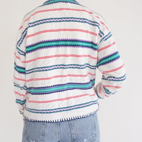 Vintage Accordéon White Knit Multicolour Striped Button Cardigan Eclectic M - Picture 2 of 10